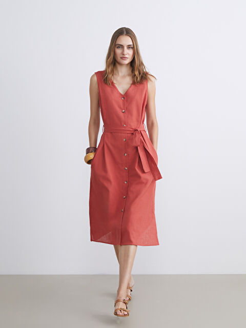 LCWAIKIKI Classic V Yaka Kuşaklı Elbise - S5M320Z8-CRD