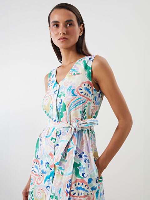 LCWAIKIKI Classic V Yaka Desenli Kuşaklı Elbise - S5M321Z8-F9C