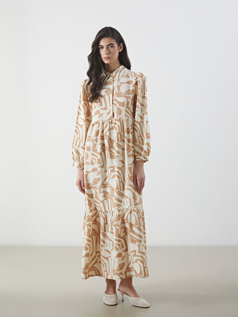 LCW Modest Gömlek Yaka Desenli Balon Kollu Katkat Elbise - S5M691Z8-LQB