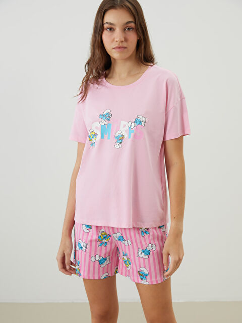 LCW Young Şirinler Baskılı Kadın Şortlu Pijama Takımı - S5M919Z8-LT4