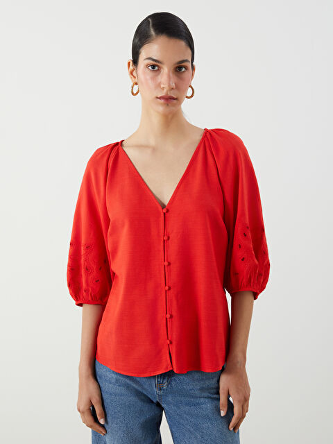 LCW Comfort V Yaka Nakışlı Balon Kollu Bluz - S5MA01Z8-CSY