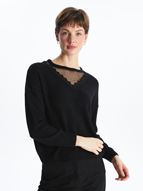 LCWAIKIKI Classic Bisiklet Yaka Dantel Detaylı Oversize Kadın Triko Kazak - S5MA06Z8-CVL