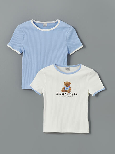 LCW Kids Bisiklet Yaka Baskılı Kız Çocuk Tişört 2'li