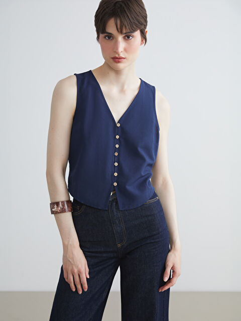 LCW Vision V Yaka Keten Karışımlı Kadın Klasik Yelek - S5MD86Z8-CUJ