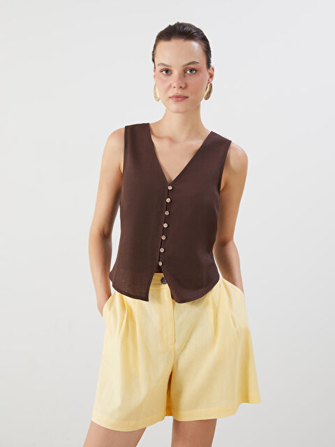 LCW Vision V Yaka Keten Karışımlı Kadın Klasik Yelek - S5MD86Z8-D2N
