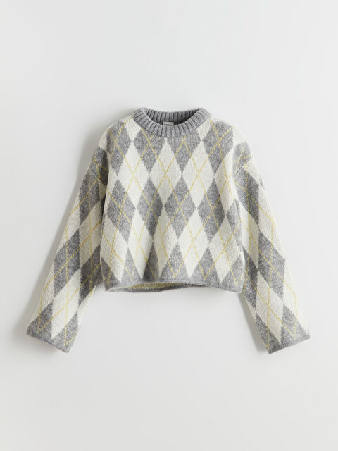 LCW Kids Bisiklet Yaka Baklava Desenli Kız Çocuk Triko Kazak - S5MF45Z4-MJQ