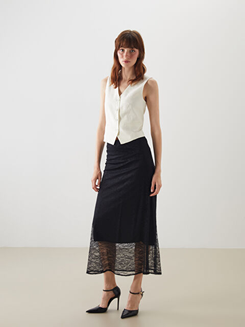 LCWAIKIKI Classic Beli Lastikli Dantelli Etek - S5MH95Z8-CVL