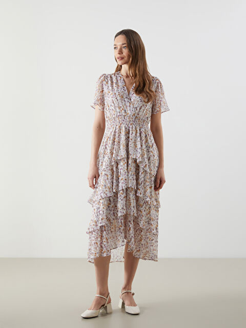 LCWAIKIKI Classic Kruvaze Yaka Çiçekli Elbise - S5ML98Z8-F9C