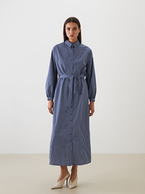 LCW Modest Kuşaklı Çizgili Gömlek Elbise - S5MO65Z8-LEN