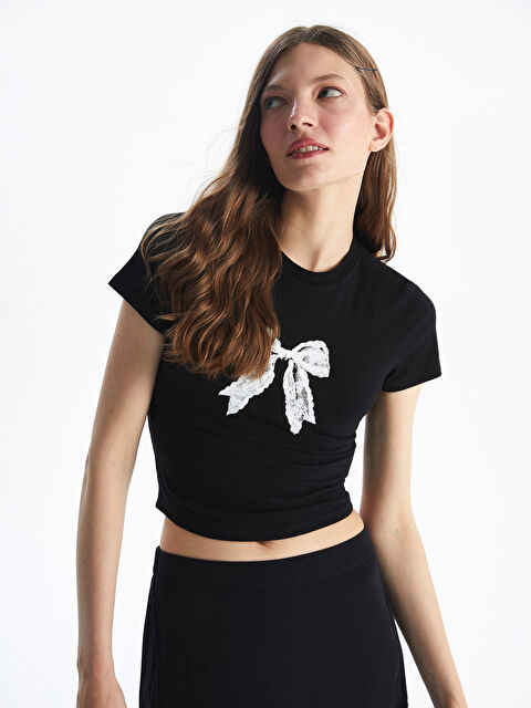 XSIDE Bisiklet Yaka Kurdele Baskılı Kadın Tişört - S5MP39Z8-CVL