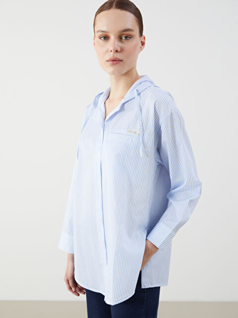 LCW Modest Kapüşonlu Çizgili Oversize Kadın Gömlek Tunik - S5MP98Z8-LEN