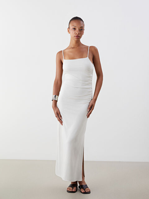 LCW Vision Kare Yaka Askılı Büzgülü Elbise - S5MQ92Z8-VF5