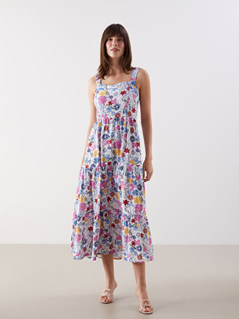 LCW Comfort Kare Yaka Çiçekli Poplin Elbise - S5MT39Z8-F9C