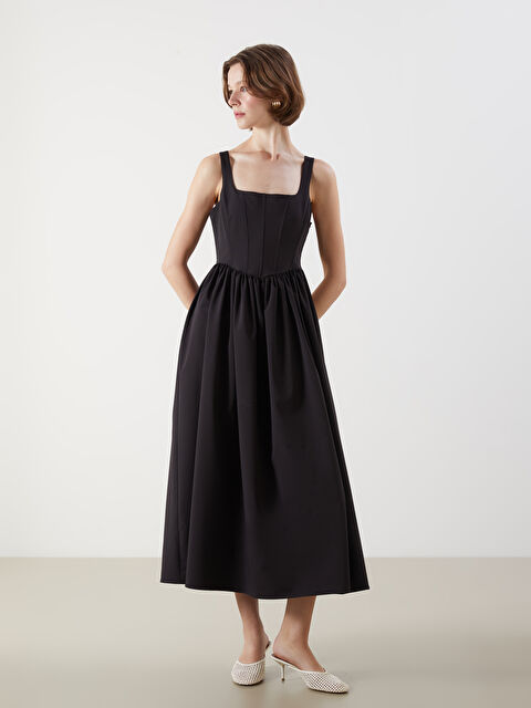 LCW Vision Kare Yaka Poplin Pileli Elbise - S5MT87Z8-CVL