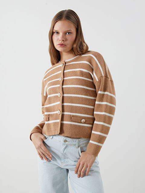 LCWAIKIKI Classic Bisiklet Yaka Çizgili Kadın Triko Hırka - S5MY08Z8-LKM