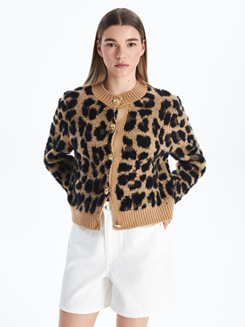 XSIDE Bisiklet Yaka Leopar Desenli Kadın Triko Hırka - S5N025Z8-YBM