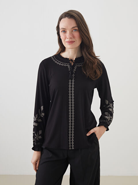 LCW Grace Bağlamalı Yaka Desenli Kadın Bluz - S5N107Z8-CVL