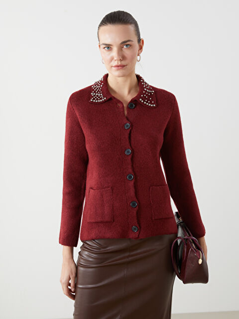 LCWAIKIKI Classic Polo Yaka Taşlı Kadın Triko Hırka - S5N154Z8-CWK