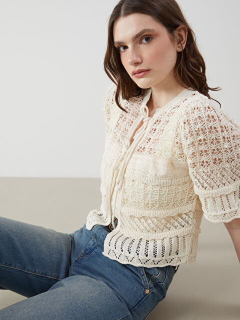 LCW Vision Bağlamalı Yaka Ajurlu Kadın Triko Hırka - S5N321Z8-FDU