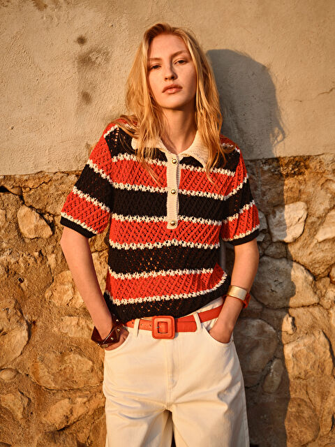 LCW Vision Polo Yaka Renk Bloklu Kadın Triko Kazak - S5N326Z8-E48