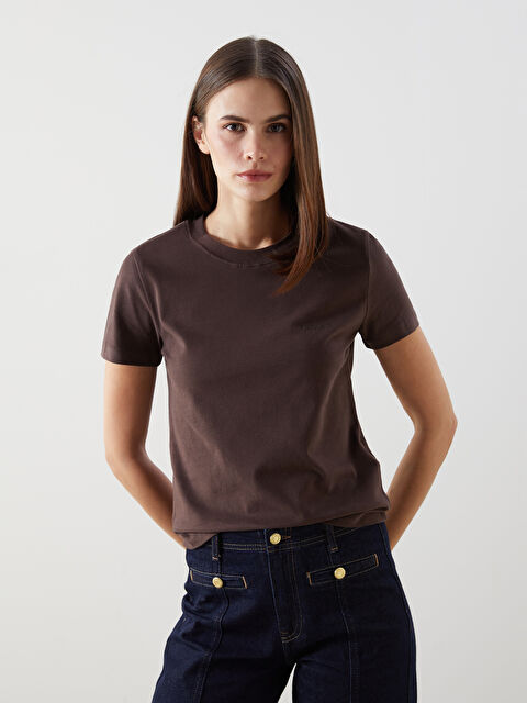 LCW Vision Bisiklet Yaka Nakışlı Kadın Tişört - S5N446Z8-HEC