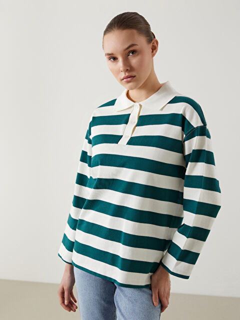 LCW Modest Polo Yaka Çizgili Kadın Tişört - S5N451Z8-LFT