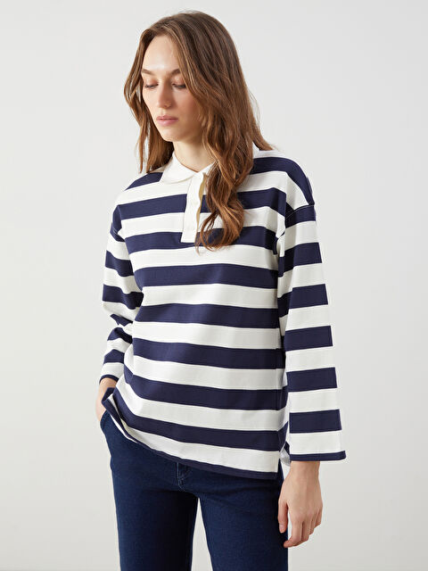 LCW Modest Polo Yaka Çizgili Kadın Tişört - S5N451Z8-LGS