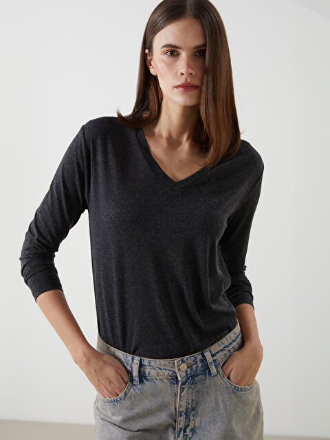 LCWAIKIKI Classic V Yaka Uzun Kollu Kadın Tişört - S5N669Z8-CVL