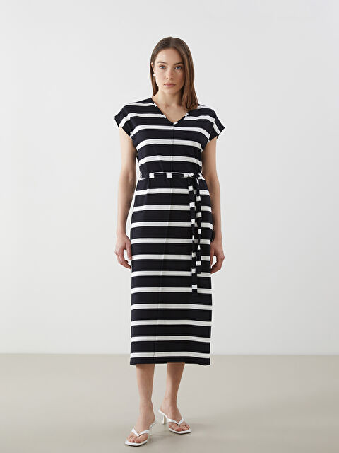 LCW Comfort V Yaka Çizgili Kadın Elbise - S5N683Z8-LEG