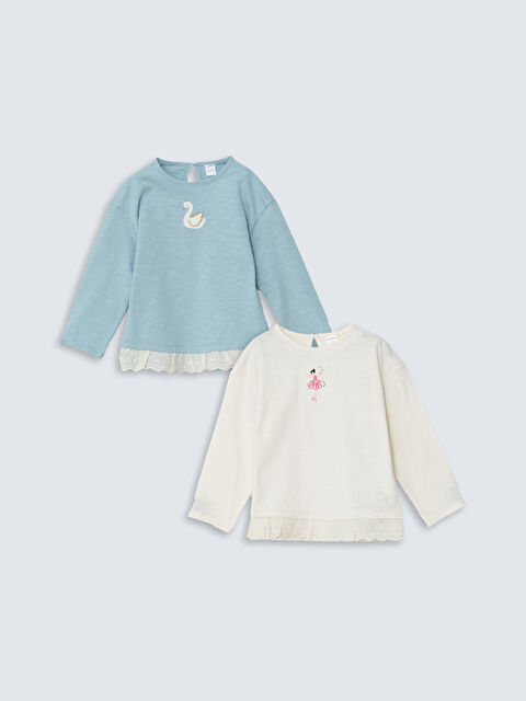 LCW Kids Bisiklet Yaka Nakışlı Kız Çocuk Tişört 2'li - S5N921Z1-FF7