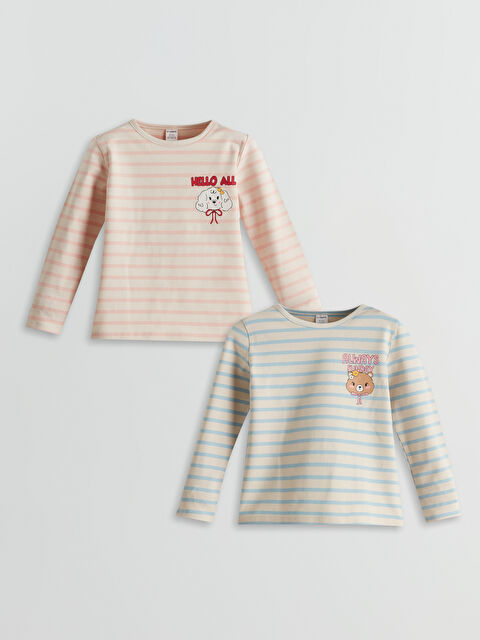 LCW Kids Bisiklet Yaka Çizgili Kız Çocuk Tişört 2'li - S5N928Z1-LHK