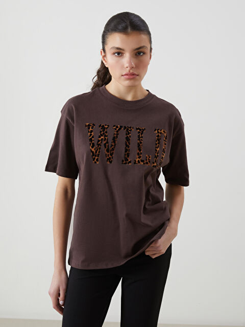 LCW Vision Bisiklet Yaka Baskılı Oversize Kadın Tişört - S5N960Z8-HSK