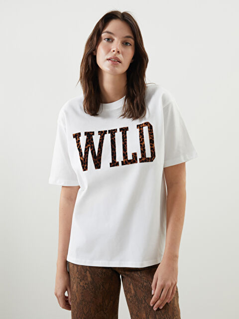 LCW Vision Bisiklet Yaka Baskılı Oversize Kadın Tişört - S5N960Z8-R9J