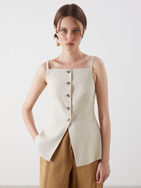 LCW Vision Kare Yaka Keten Karışımlı Kadın Klasik Yelek - S5NC96Z8-CWP