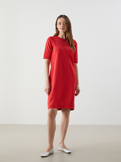 LCWAIKIKI Classic Bisiklet Yaka Boncuk İşlemeli Triko Elbise - S5NG98Z8-CRT