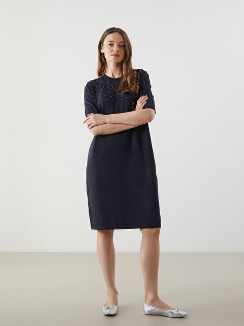 LCWAIKIKI Classic Bisiklet Yaka Boncuk İşlemeli Triko Elbise - S5NG98Z8-E1J