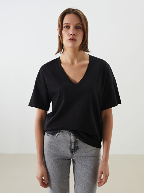 LCW Vision V Yaka Oversize Kadın Tişört - S5NK78Z8-CVL