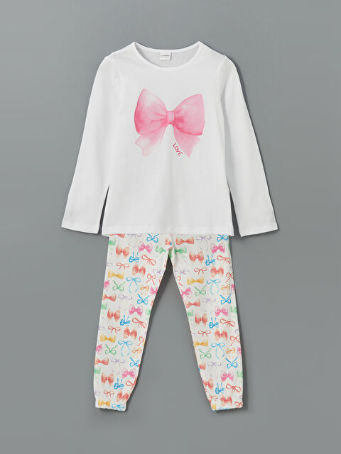 LCW Kids Bisiklet Yaka Fiyonk Baskılı Kız Çocuk Pijama Takımı - S5NO53Z4-Q6K
