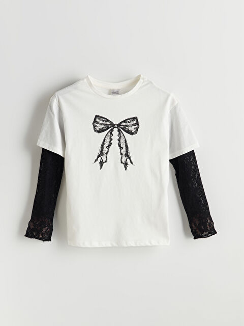 LCW Kids Bisiklet Yaka Fiyonk Desenli Kız Çocuk Tişört - S5NP34Z4-R9J