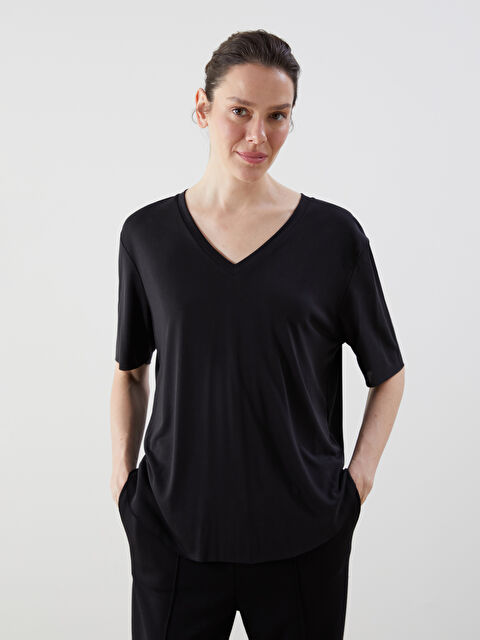 LCW Comfort V Yaka Modal Karışımlı Oversize Kadın Tişört - S5NQ14Z8-CVL