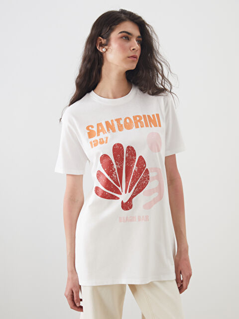 LCW Modest Bisiklet Yaka Santorini Baskılı Kadın Tişört - S5NQ57Z8-Q6K