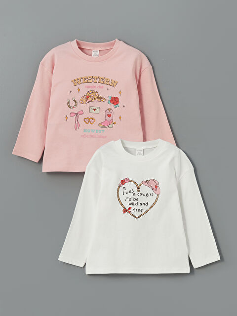 LCW Kids Bisiklet Yaka Baskılı Kız Çocuk Tişört 2'li - S5NS02Z1-R9J