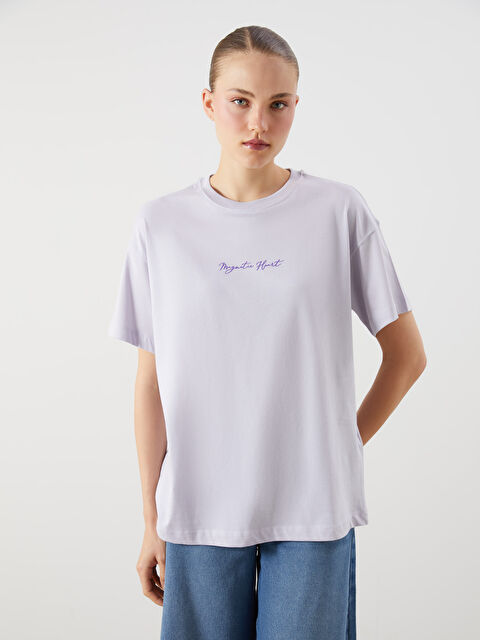 LCW Vision Bisiklet Yaka Baskılı Oversize Kadın Tişört - S5NY86Z8-G8T