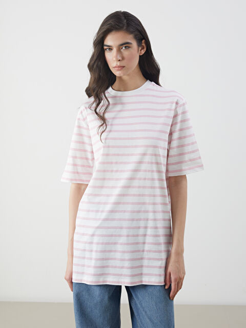 LCW Modest Bisiklet Yaka Çizgili Kadın Tişört - S5O028Z8-LHF