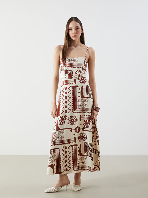 LCW Vision Kare Yaka Desenli Keten Karışımlı Elbise - S5O312Z8-LRA