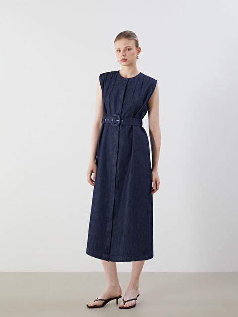 LCW Vision Bisiklet Yaka Kemerli Pileii Jean Elbise - S5O315Z8-309