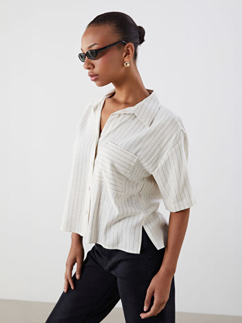 LCW Vision Çizgili Keten Karışımlı Kadın Gömlek - S5O525Z8-ELZ