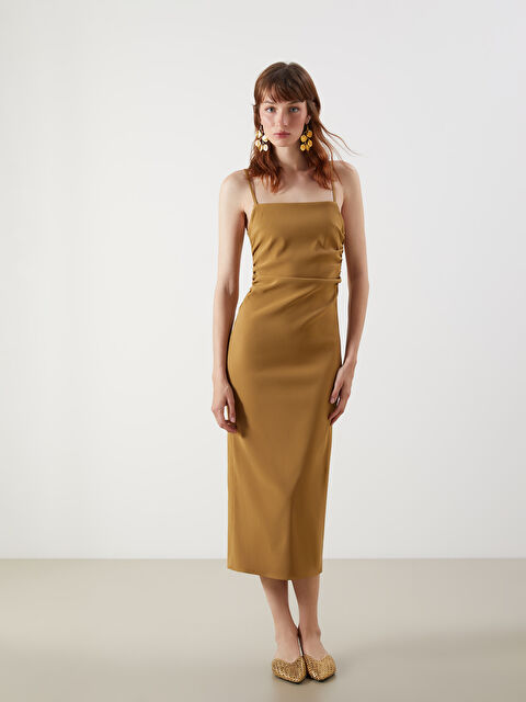 LCW Vision Kare Yaka Askılı Büzgülü Poplin Elbise - S5O984Z8-GQR