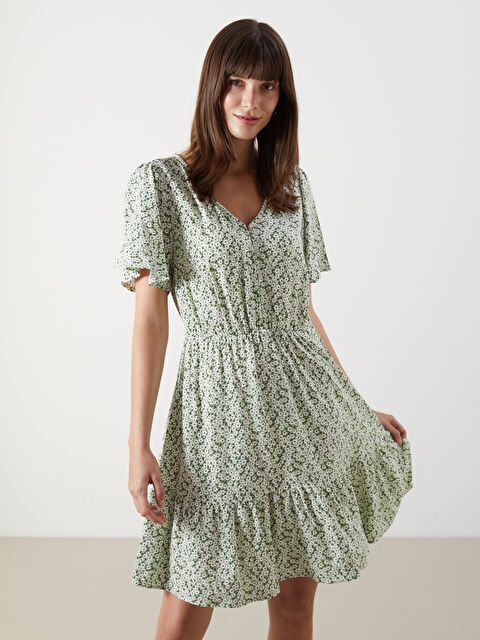 LCW Comfort V-Neck Floral Mini Dress - S5OA37Z8-LRL