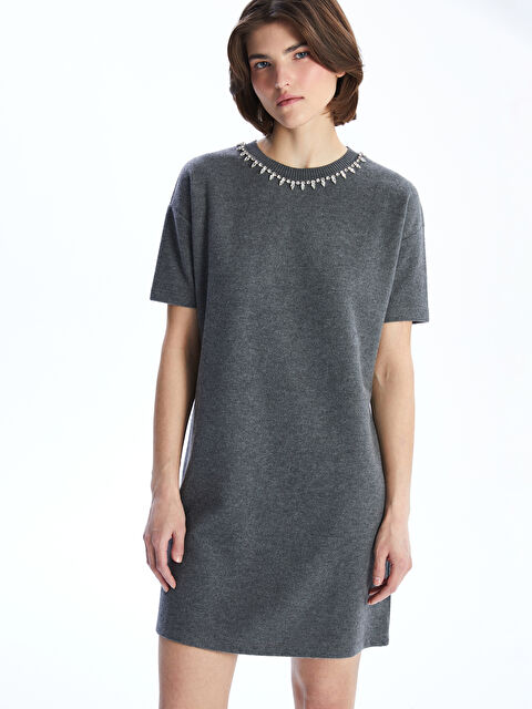 LCW Vision Bisiklet Yaka Taşlı Mini Triko Elbise - S5OA38Z8-D5D